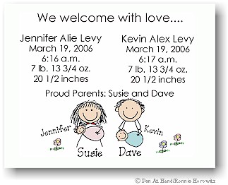 Pen At Hand Stick Figures Birth Announcements - Twins Held (color)
